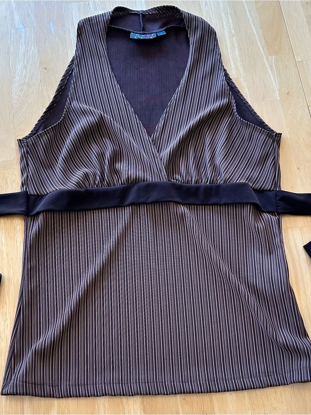 Brown Pinstripe V-Neck Tank Top Halter with Waist Tie Y2K Indie Sleaze Boho Lg